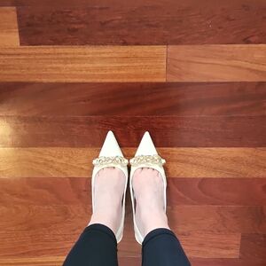 Zara Chain Trim Cream Leather Slingback Heels